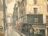 tableau représentant une rue de la ville avec des immeubles et des magasins de chaque côté