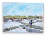 a painting of a man walking across a snow covered field