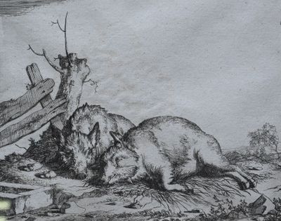 un dessin en noir et blanc représentant deux animaux allongés par terre