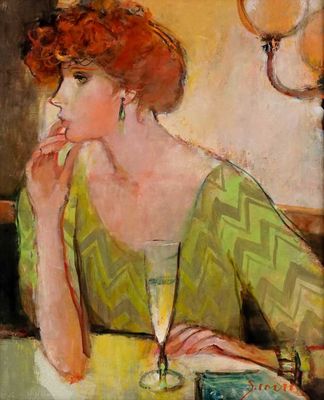 painting of a woman sitting at a table with a glass of wine in her hand