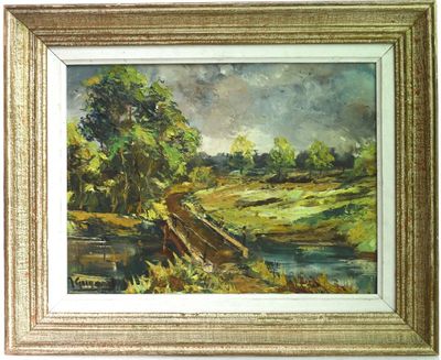 une peinture à l'huile représentant un paysage avec un pont enjambant une rivière
