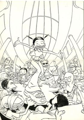 une image représentant un dessin de bande dessinée montrant une femme au milieu d'une foule