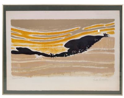 an image of a painting of a bird flying over a body of water