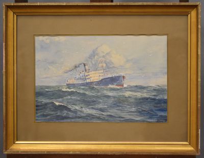 tableau représentant un grand navire en pleine mer, d'où s'échappe de la fumée