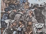 a drawing of a group of people on a boat