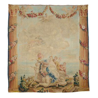 une tapisserie représentant une femme et un enfant à cheval