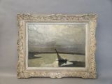 painting of a boat in a body of water with a sky in the background