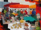un tableau représentant un marché en plein air où des gens font leurs courses