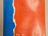 painting of a woman ' s face on a red and blue background