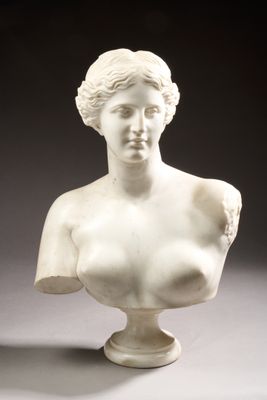 marble bust of a woman on a pedestal on a gray background