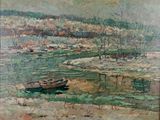 une peinture à l'huile représentant un bateau dans un plan d'eau