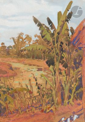 un tableau représentant une scène rurale avec un bâtiment rouge