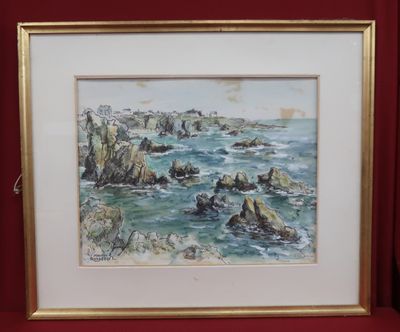 aquarelle encadrée représentant une côte rocheuse avec un phare au loin