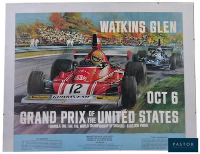 a poster of a race car driving down the track