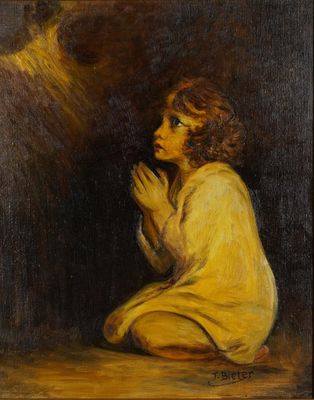 un tableau représentant une femme à genoux, les mains jointes en signe de prière