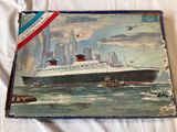painting of a large cruise ship in the water with a flag on top of it