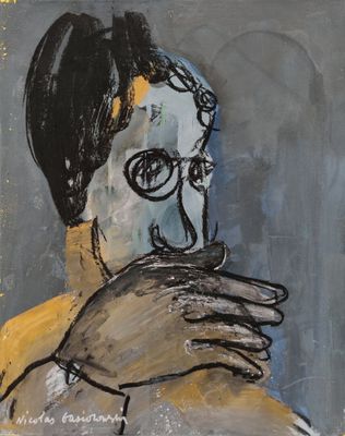une image représentant un tableau d'un homme portant des lunettes et une chemise jaune