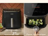 quatre images différentes d'une personne mettant du brocoli dans une friteuse à air chaud