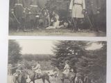 two black and white photos of people and horses in a field