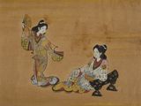 painting of two women sitting on a bench, one holding a fan
