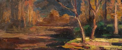 une peinture d'un arbre au milieu d'un champ