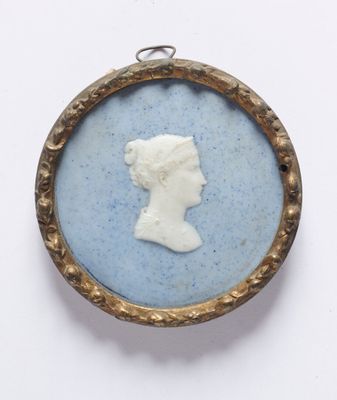 l'image d'un portrait représentant le profil d'une femme, dans un cadre bleu et or