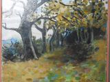 an oil painting of trees in a field with a sky in the background