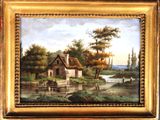 an oil painting of a cottage by a river with a horse in the foreground