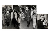 several black and white photos of men and women walking down a street