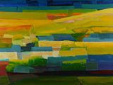 une peinture abstraite représentant un champ jaune avec un ciel bleu en arrière-plan