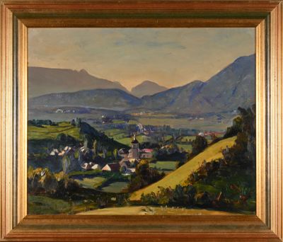 an oil painting of a view of a valley with mountains in the background