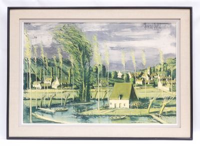 peinture représentant un paysage de village avec une rivière au premier plan et des arbres au premier plan