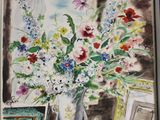 une peinture représentant un vase de fleurs sur une table
