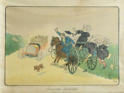 un dessin représentant une calèche tirée par un cheval, avec des personnes à bord