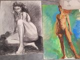 two drawings of a woman sitting on a chair next to a drawing of a man
