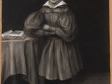 une peinture en noir et blanc représentant un jeune garçon debout devant une table
