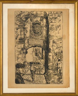 an image of a drawing of a man and woman in front of a gate