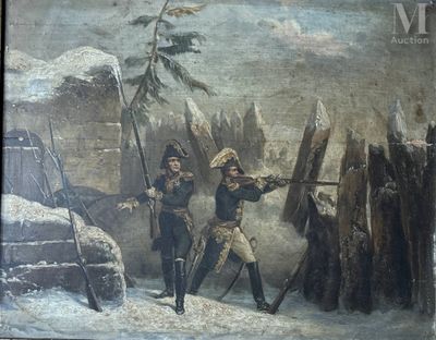 a painting of two men holding guns in the snow