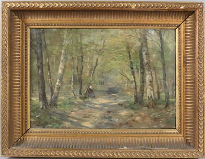 une peinture à l'huile représentant un sentier dans les bois, bordé d'arbres