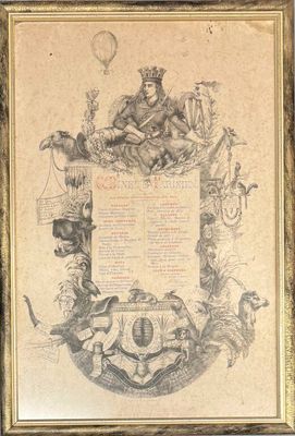 un vieux dessin représentant des armoiries avec un lion et d'autres animaux
