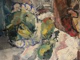une peinture représentant un vase de fleurs sur une table