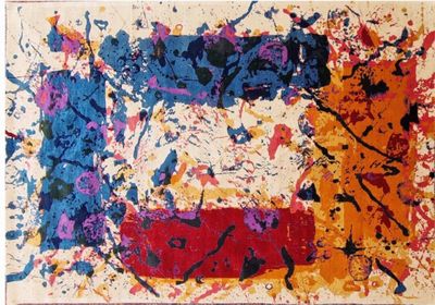 abstract painting of multicolored paint splattered on a white surface