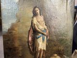 a painting of a man holding a baby on a easel