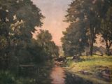 un tableau représentant des vaches marchant le long d'un ruisseau dans les bois