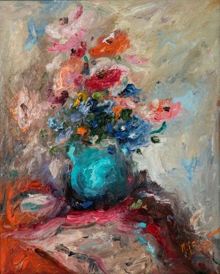 une peinture à l'huile représentant un vase de fleurs sur une table