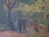 a painting of a group of people walking in a park