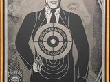 une affiche représentant un homme tenant un pistolet et une cible dans la main