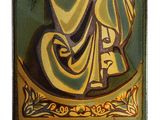 a green and yellow tile with a picture of a woman on it