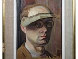 painting of a man wearing a hat and glasses in a gold frame