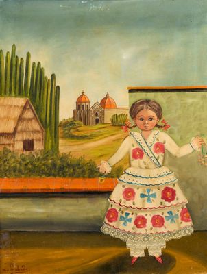 a painting of two children standing in front of a painting